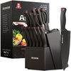 Astercook 15-Piece Kitchen Knife Set with Sharpener, German Stainless Steel, Anti-Rust, Dishwasher Safe, Black